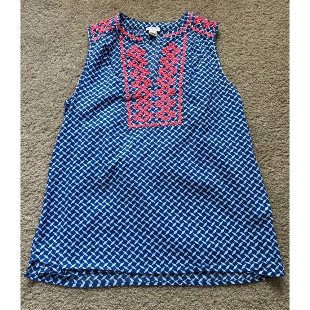 J Crew  Women's Size 2 Summer Blouse Blue Peach Fluorescent Top Stitching